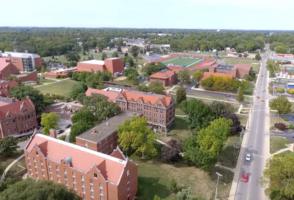 Aerial view of Decatur, Illinois historic buildings